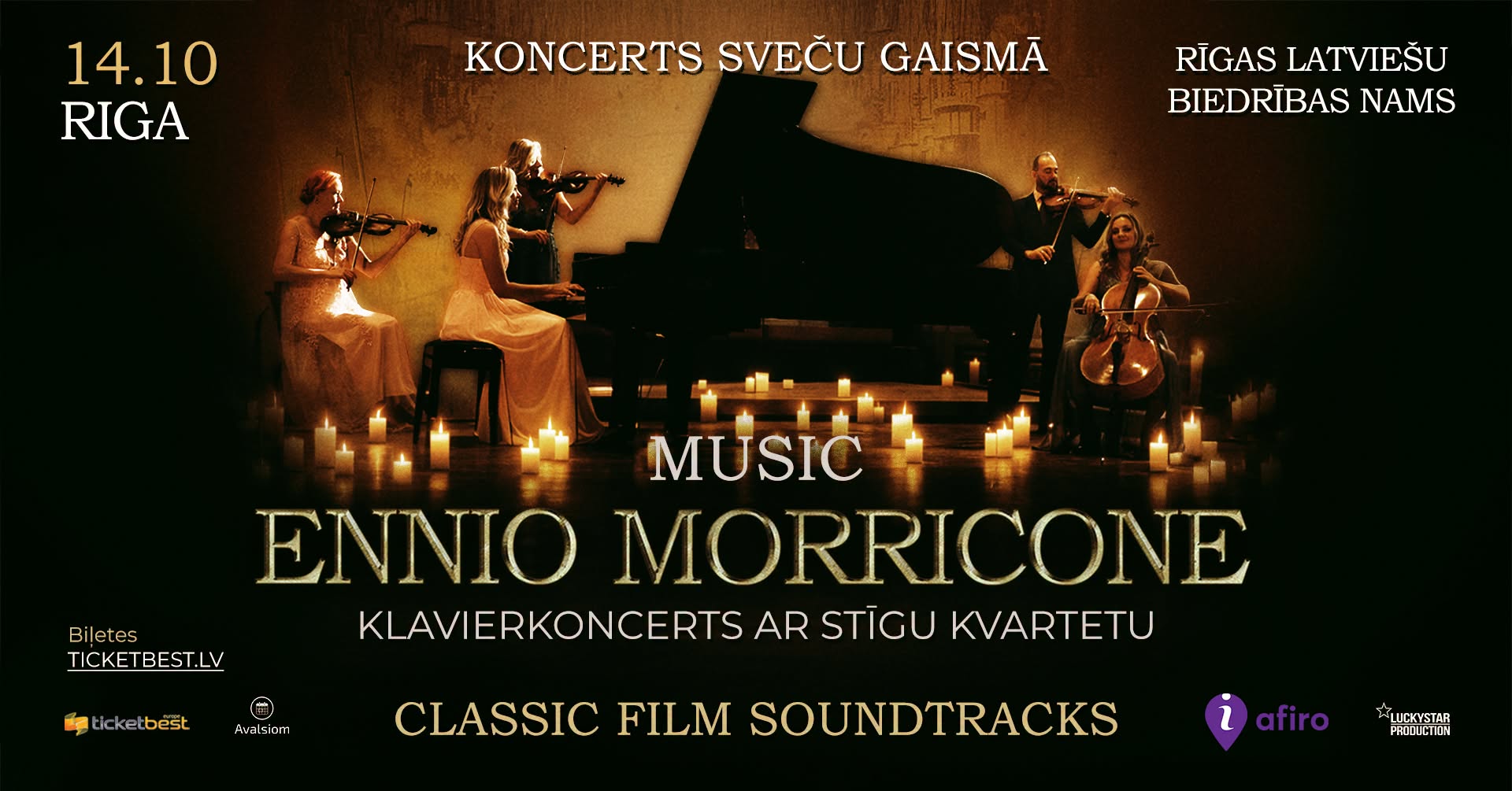 Koncerts sveču gaismā: Ennio Morricone mūzika klavierēm un stīgu kvartetam