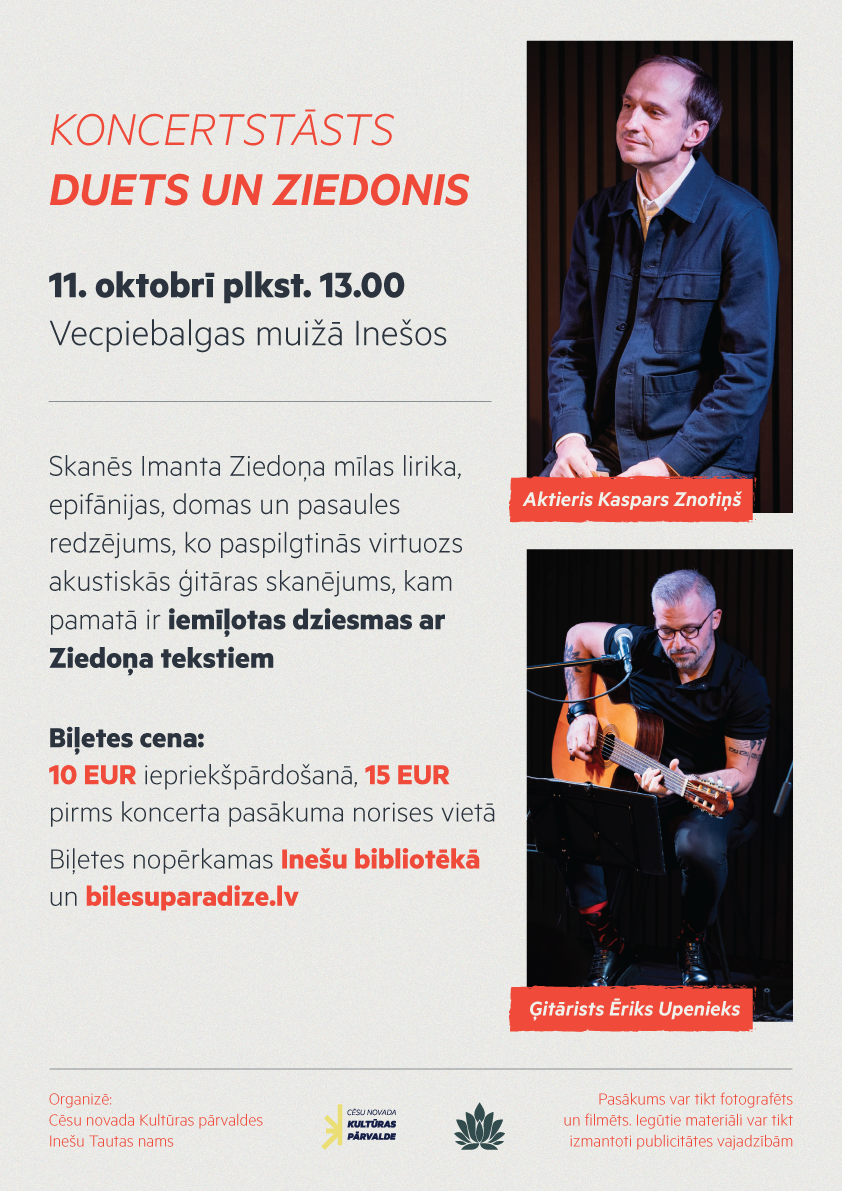 Koncertstāsts DUETS UN ZIEDONIS. Aktieris KASPARS ZNOTIŅŠ un ģitārists ĒRIKS UPENIEKS
