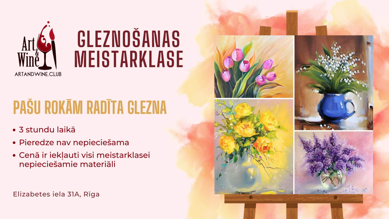 Art&Wine radošā meistarklase: Gleznojam 'Ziedi '.